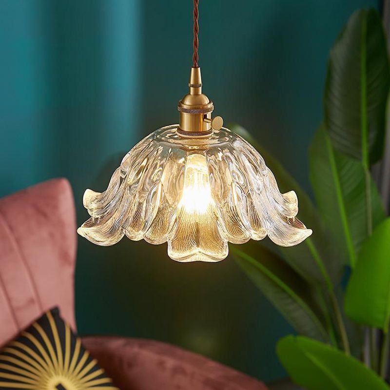 Industrial Flower Shape Glass Pendant Light in Gold