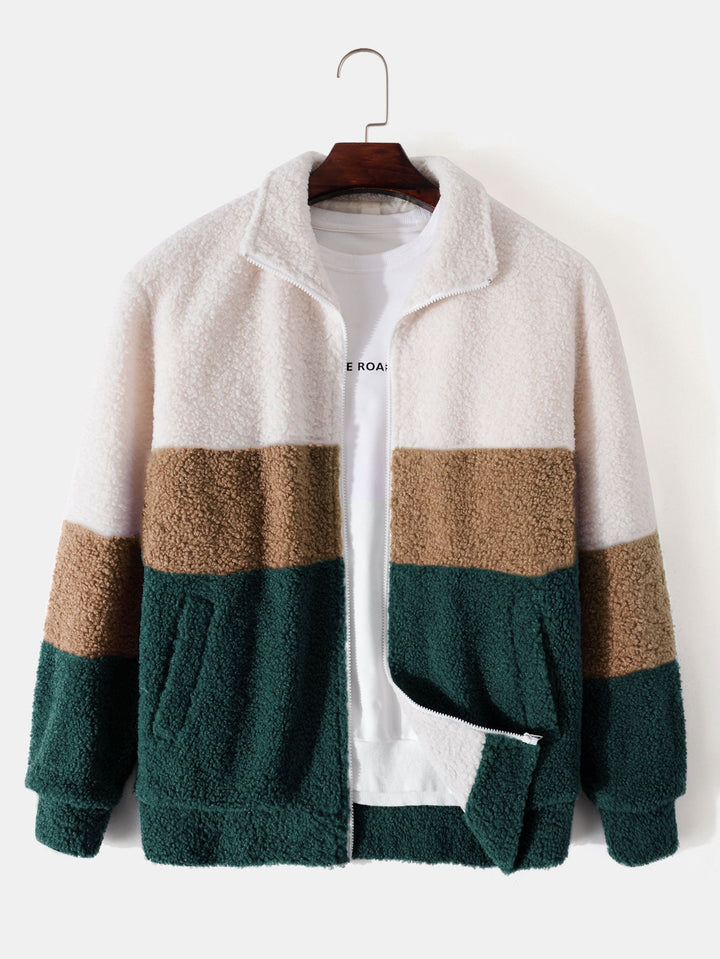 Color Block Teddy Fleece Zip Up Coat