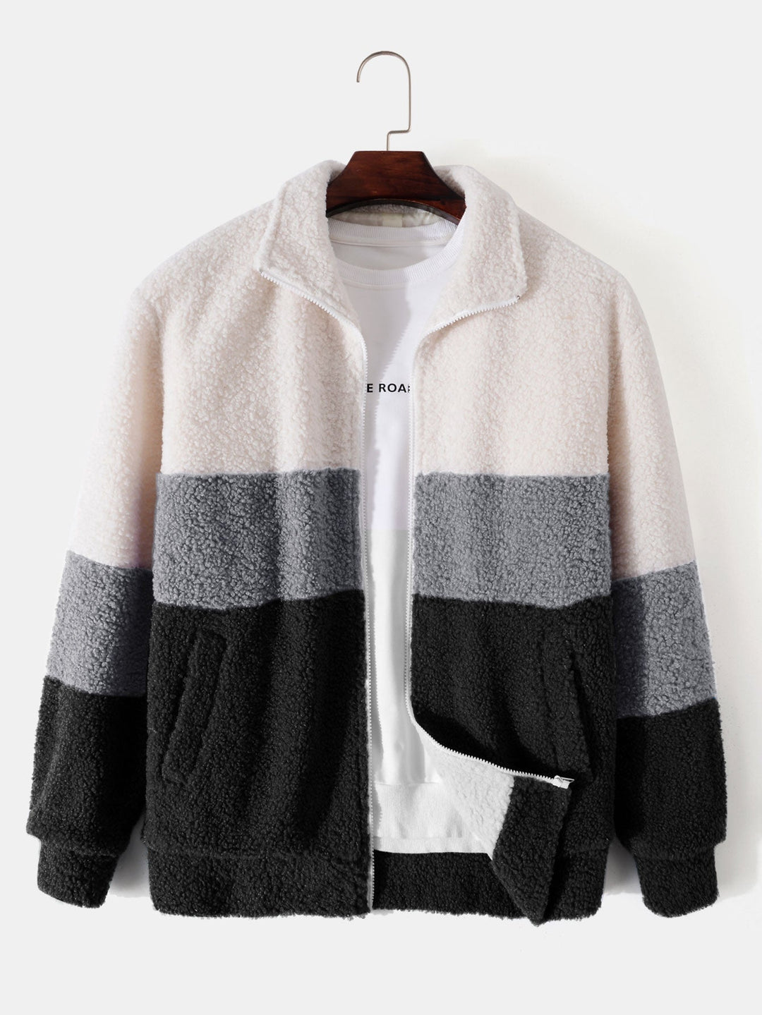 Color Block Teddy Fleece Zip Up Coat