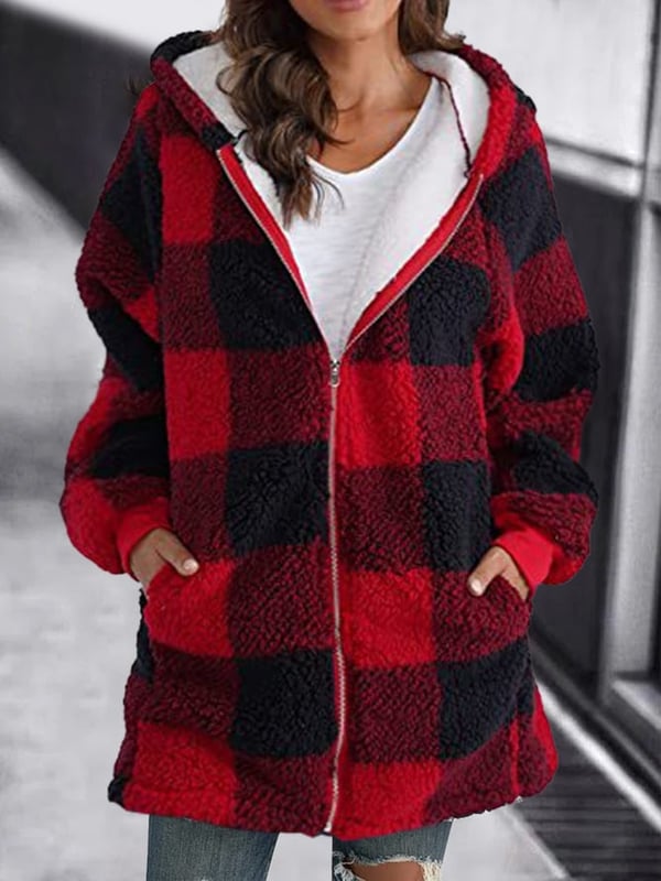 Women Oversized Hoodie Plaid Loose Overcoat