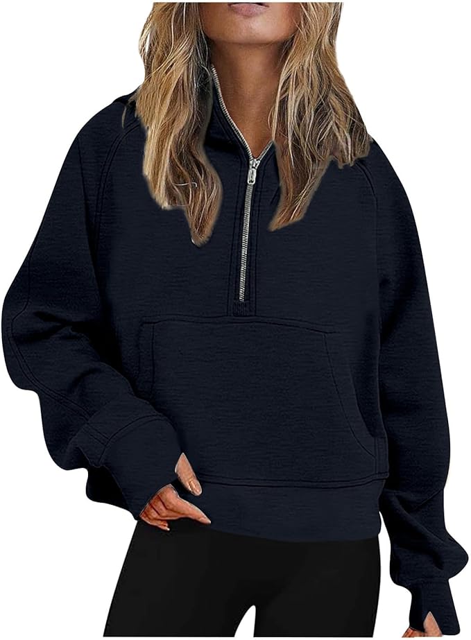 Women's Half-Zip Yoga Hoodie - Loose-Fit Fleece-Lined Pullover for Sports and Casual Wear