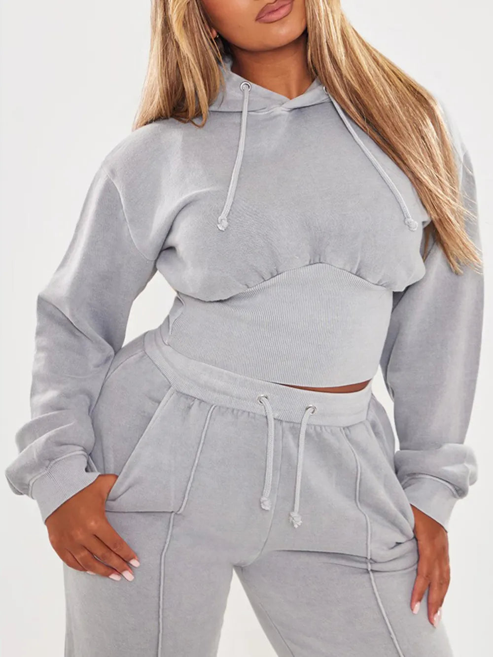 Light Grey Sweat Cropped Shirred Waist Hoodie