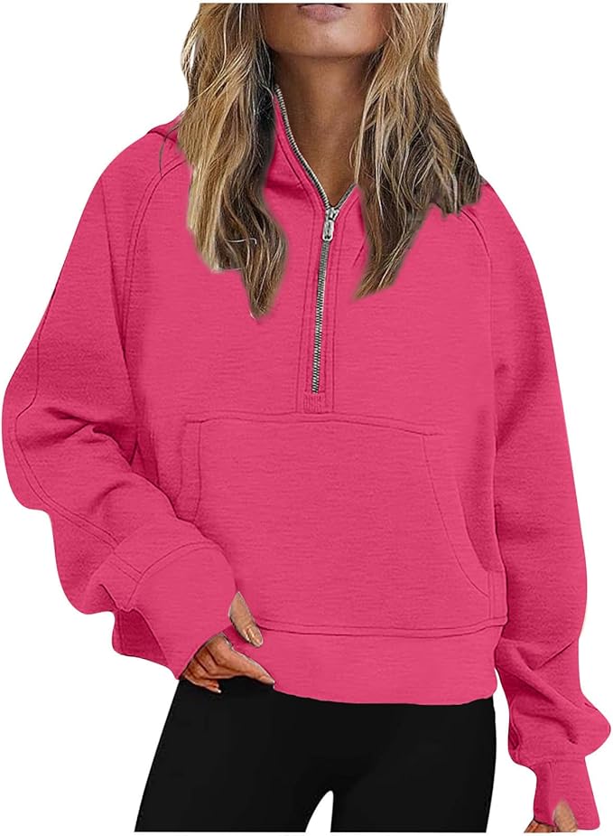 Women's Half-Zip Yoga Hoodie - Loose-Fit Fleece-Lined Pullover for Sports and Casual Wear