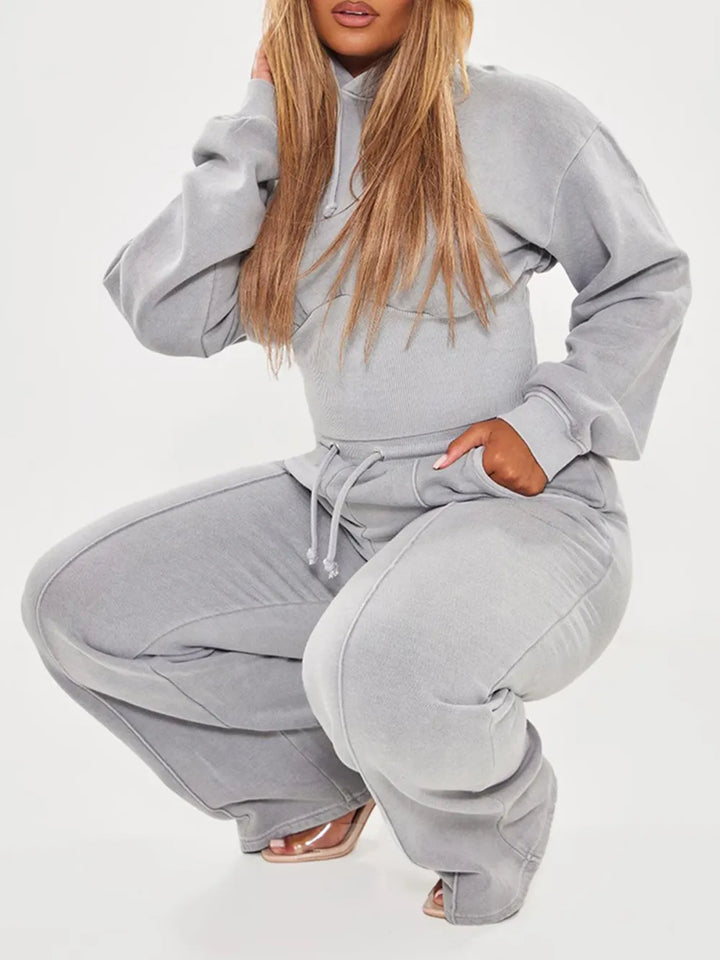 Light Grey Sweat Cropped Shirred Waist Hoodie