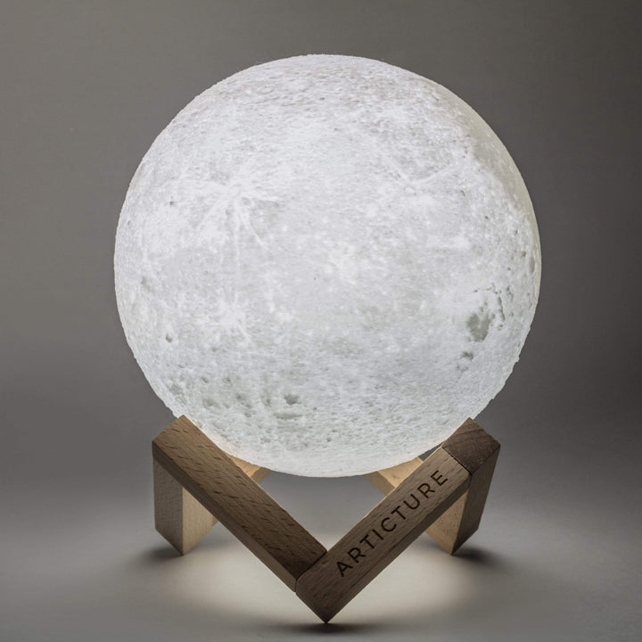 Moon Light – Rechargeable 3D Lunar Lamp with Wooden Pedestal Base and 6 Colour Settings