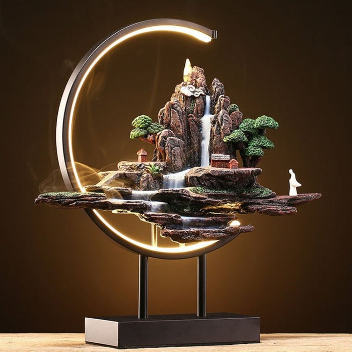 Misty Mountain Incense Burner Lamp – Decorative Resin Lamp with Glowing Crescent Moon for Meditation and Home Decor