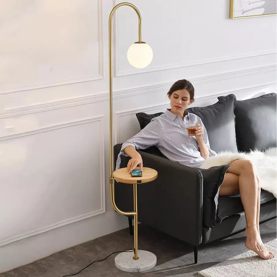 Hyde Floor Lamp with Side Table & Wireless Phone Charging – Marble Base, Modern Design with Wireless and Wired Charging