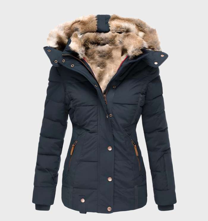 Thick and Warm Slim Fit Winter Jacket with Hood, Faux Fur Lining, and Full Zip and Button Closure.