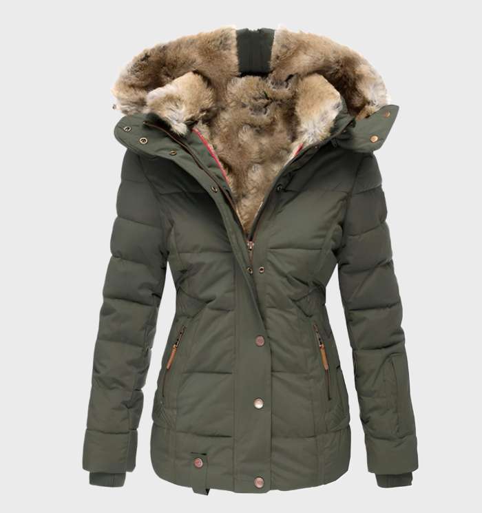 Thick and Warm Slim Fit Winter Jacket with Hood, Faux Fur Lining, and Full Zip and Button Closure.