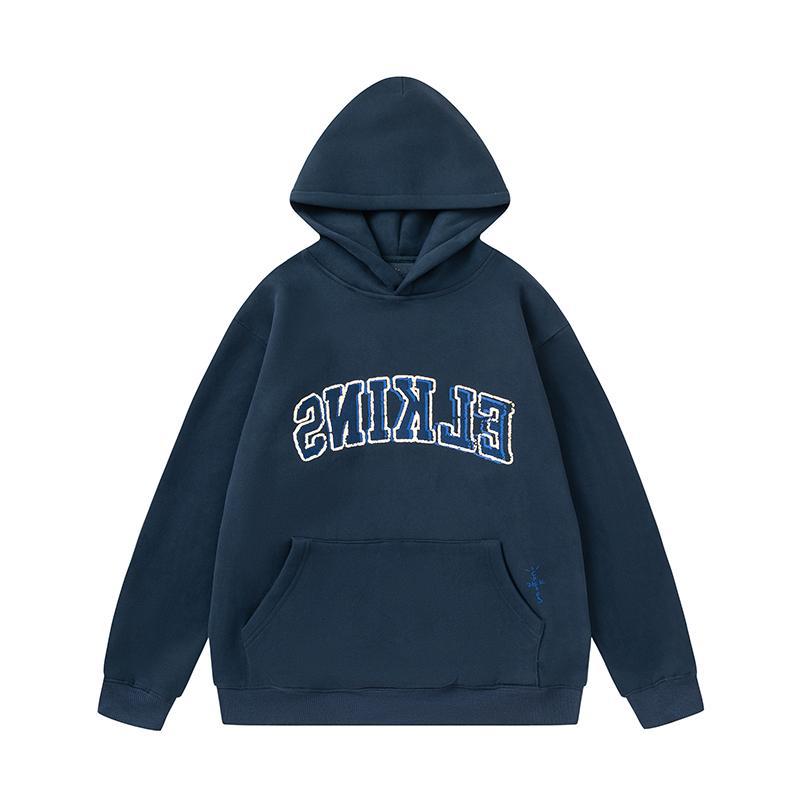 Travis Scott Elkins HS Hoodie - Warm Fleece-Lined Pullover with Letter Print - Stylish Casual Hoodie for Fall/Winter