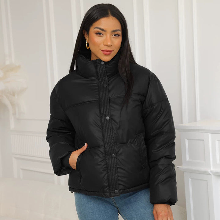 Winter Women's Short Puffer Jacket - Loose-Fit Faux Sheepskin Stand Collar Coat