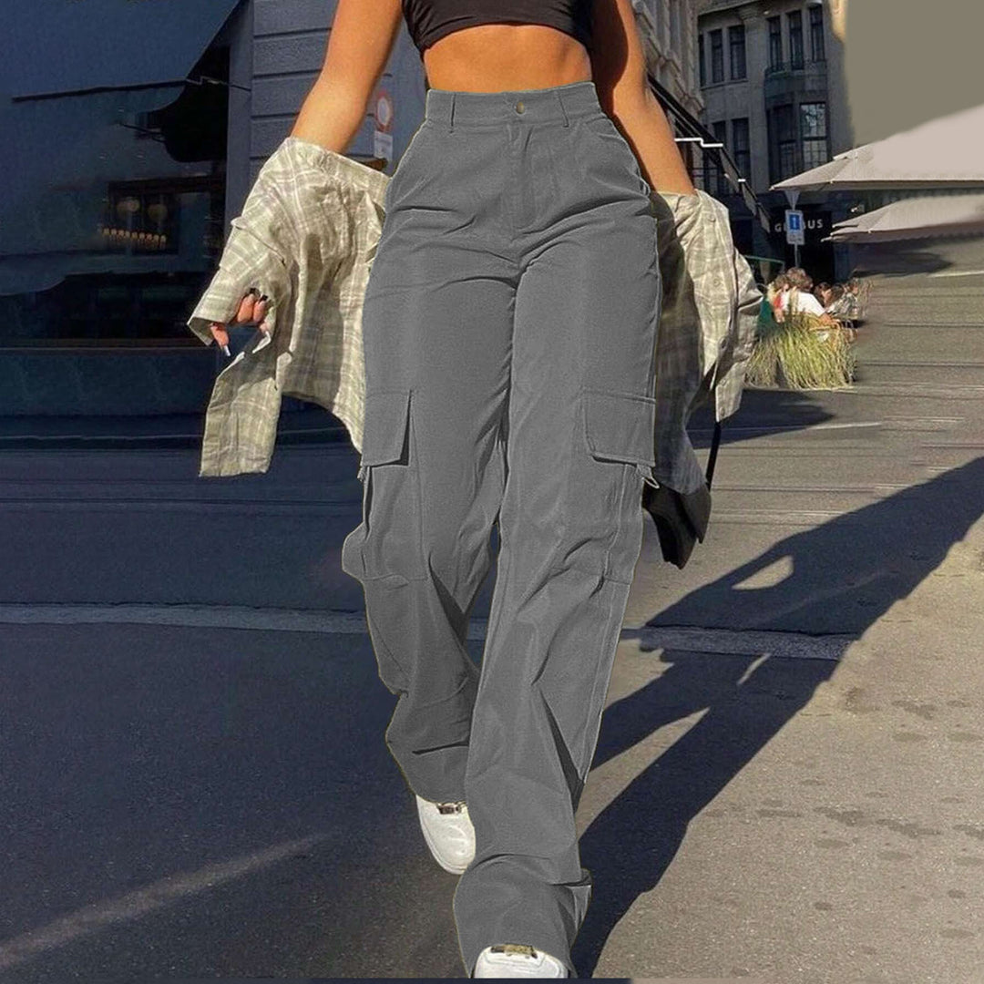 Women’s High-Waisted  Street Style Cargo Pants – Loose-Fit and Straight-Leg Utility Pants