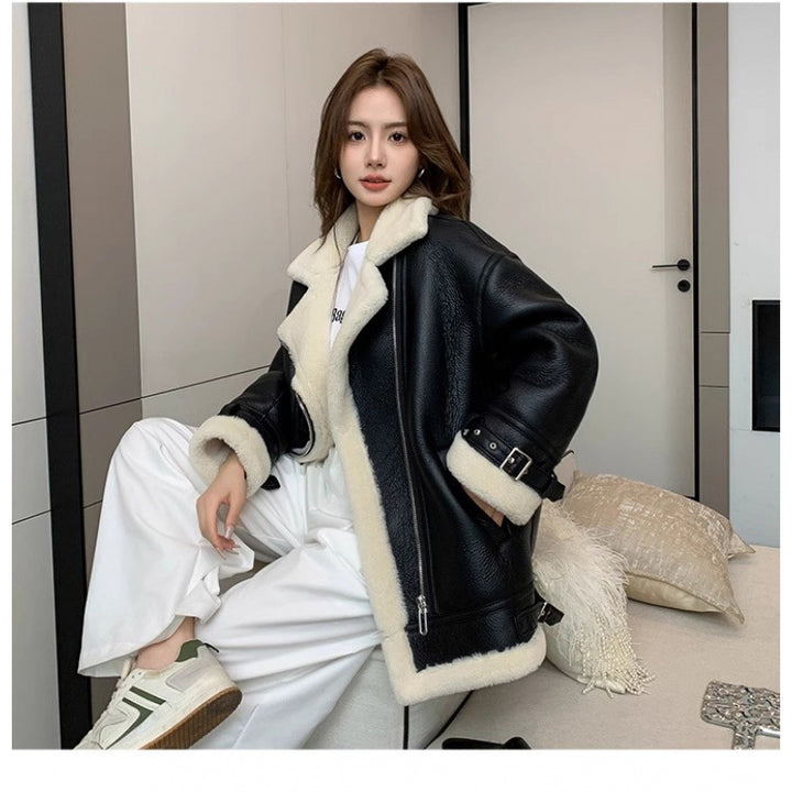 Women's Sheepskin Faux Fur Coat – Mid-Length Wool Outerwear