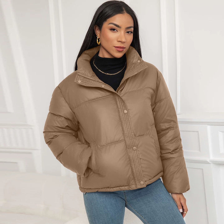 Winter Women's Short Puffer Jacket - Loose-Fit Faux Sheepskin Stand Collar Coat