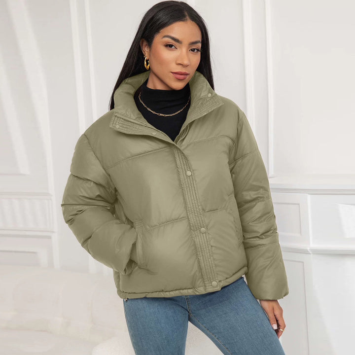 Winter Women's Short Puffer Jacket - Loose-Fit Faux Sheepskin Stand Collar Coat