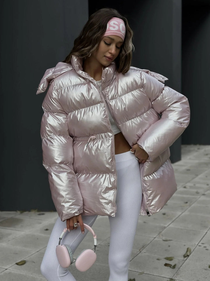 High-Shine Laser Quilted Puffer Jacket for Women – Detachable Hooded Winter Coat