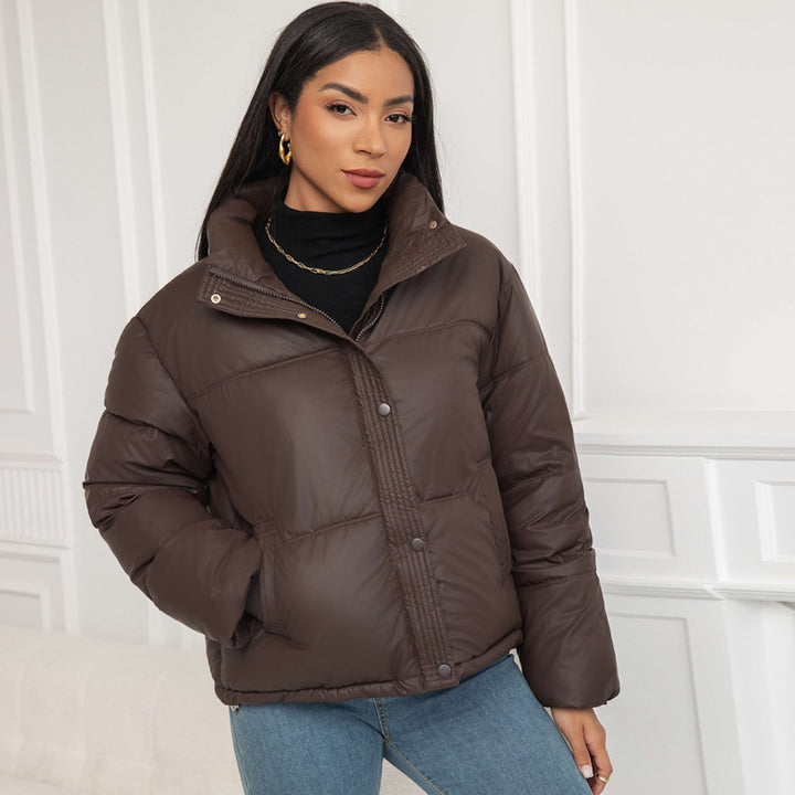 Winter Women's Short Puffer Jacket - Loose-Fit Faux Sheepskin Stand Collar Coat