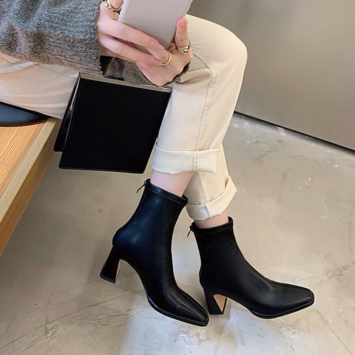 Women's Retro Square Toe High Heel Ankle Boots – Stylish Chunky Heel Slim Boots for Fall and Winter