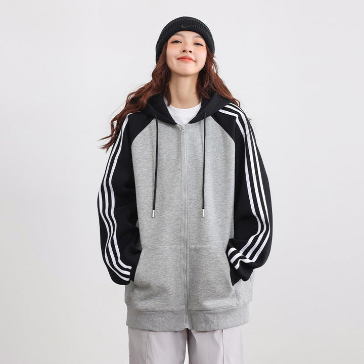 Heavyweight Striped Hoodie | Men’s Spring & Autumn American Streetwear Colorblock Varsity Jacket | Unisex Casual Retro Pullover