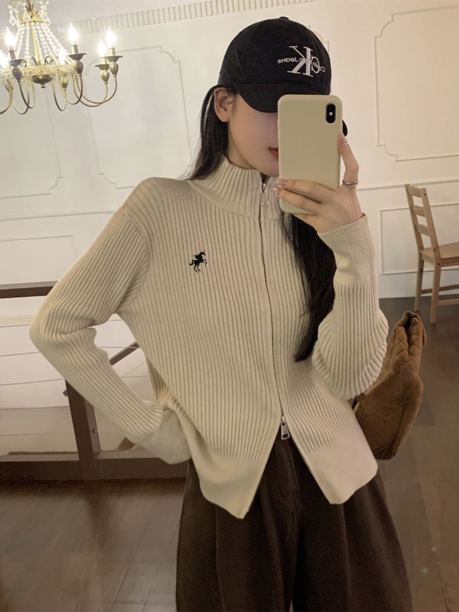 High Neck Zipper Knit Sweater for Women – Loose-Fit Long Sleeve Top