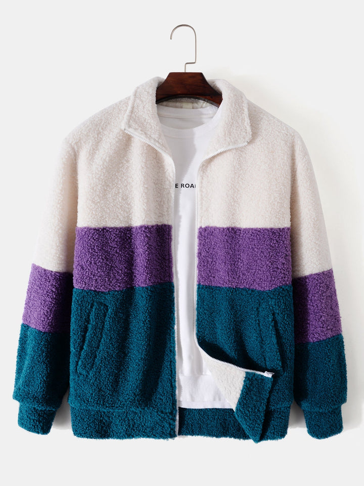 Color Block Teddy Fleece Zip Up Coat