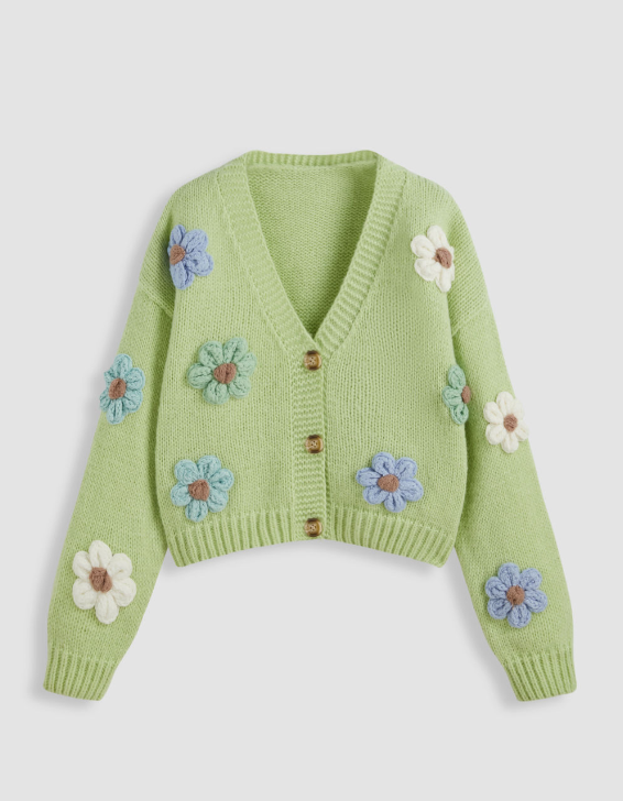 Warm V-neck Button Flower Cardigan