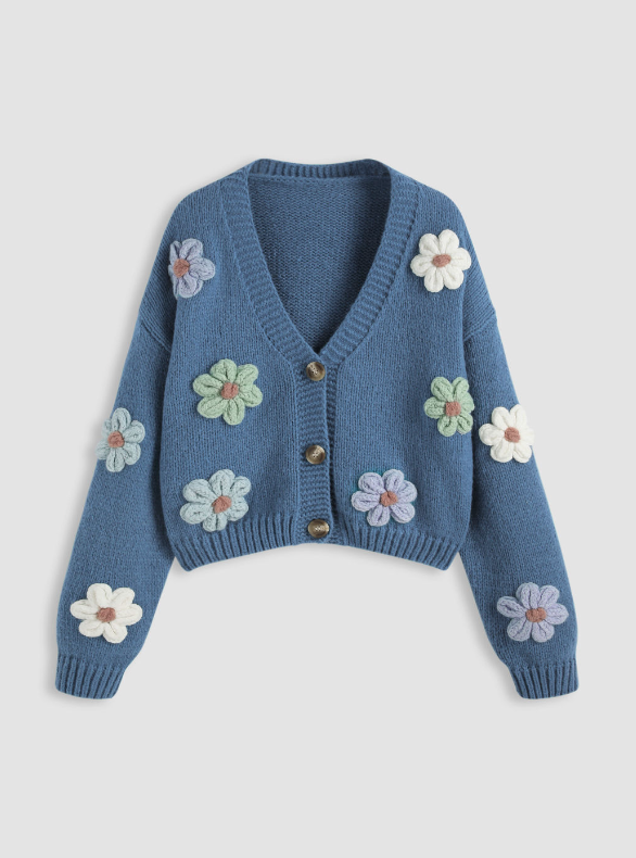 Warm V-neck Button Flower Cardigan