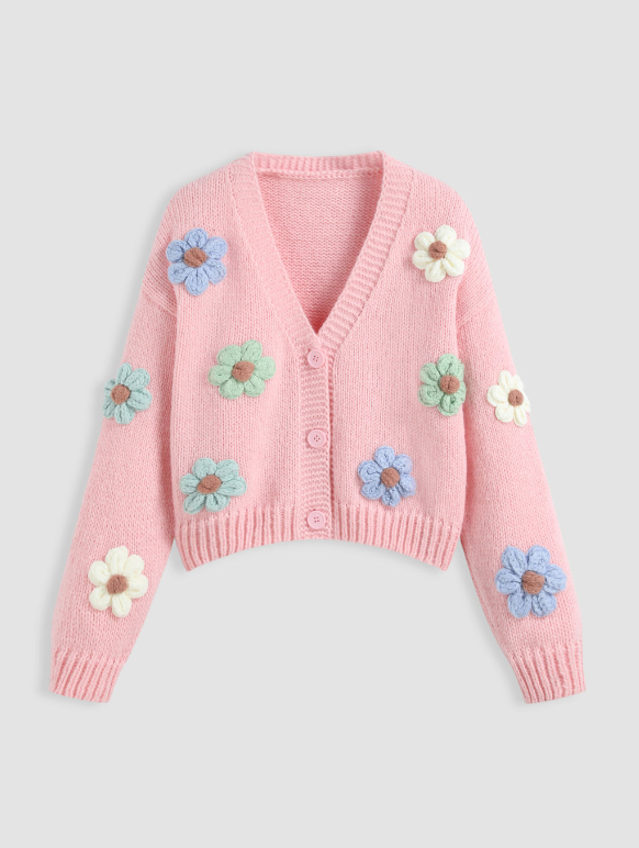 Warm V-neck Button Flower Cardigan