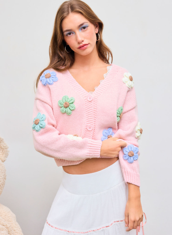 Warm V-neck Button Flower Cardigan