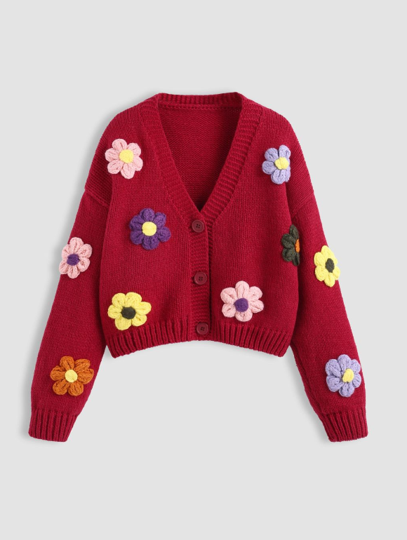 Warm V-neck Button Flower Cardigan