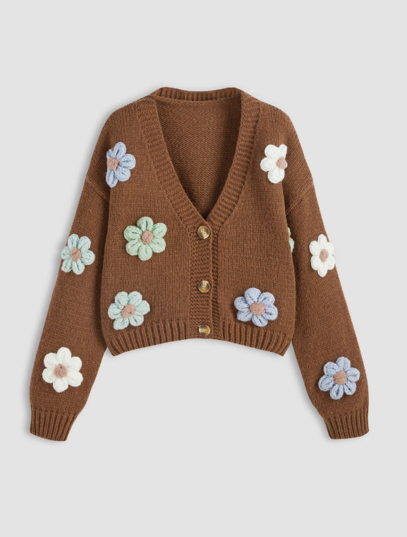 Warm V-neck Button Flower Cardigan