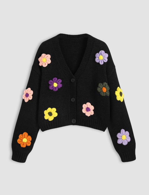 Warm V-neck Button Flower Cardigan