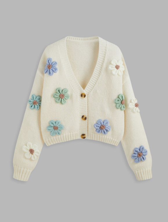 Warm V-neck Button Flower Cardigan