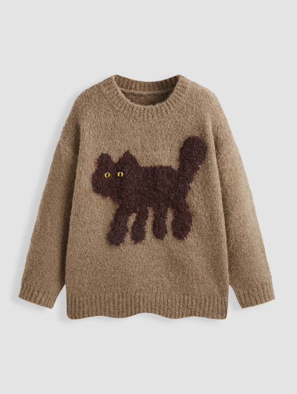 Warm Wool-blend Round Neckline Cat Knitted Long Sleeve Sweater