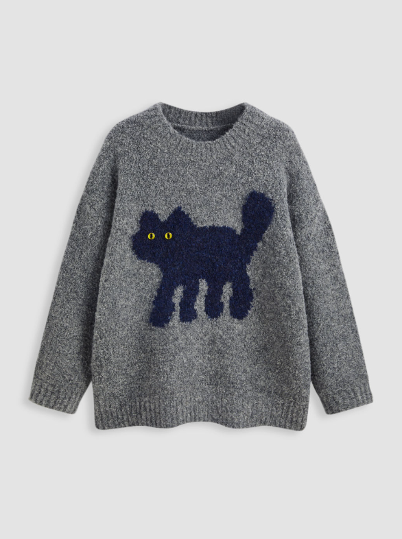 Warm Wool-blend Round Neckline Cat Knitted Long Sleeve Sweater