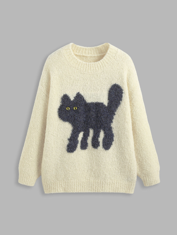 Warm Wool-blend Round Neckline Cat Knitted Long Sleeve Sweater