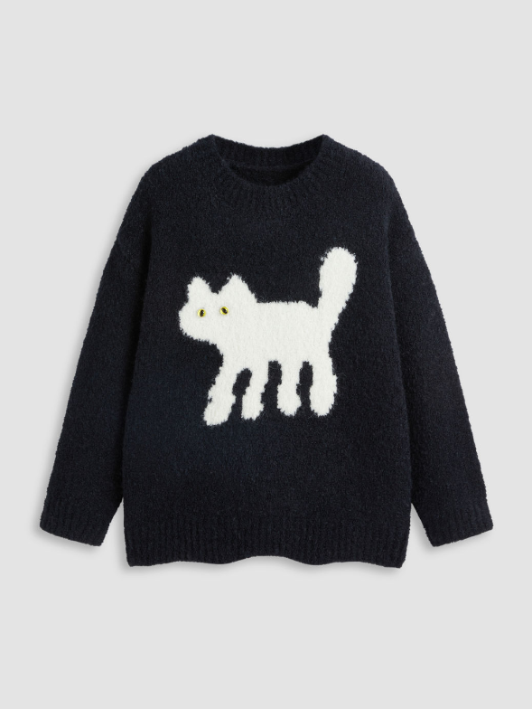 Warm Wool-blend Round Neckline Cat Knitted Long Sleeve Sweater