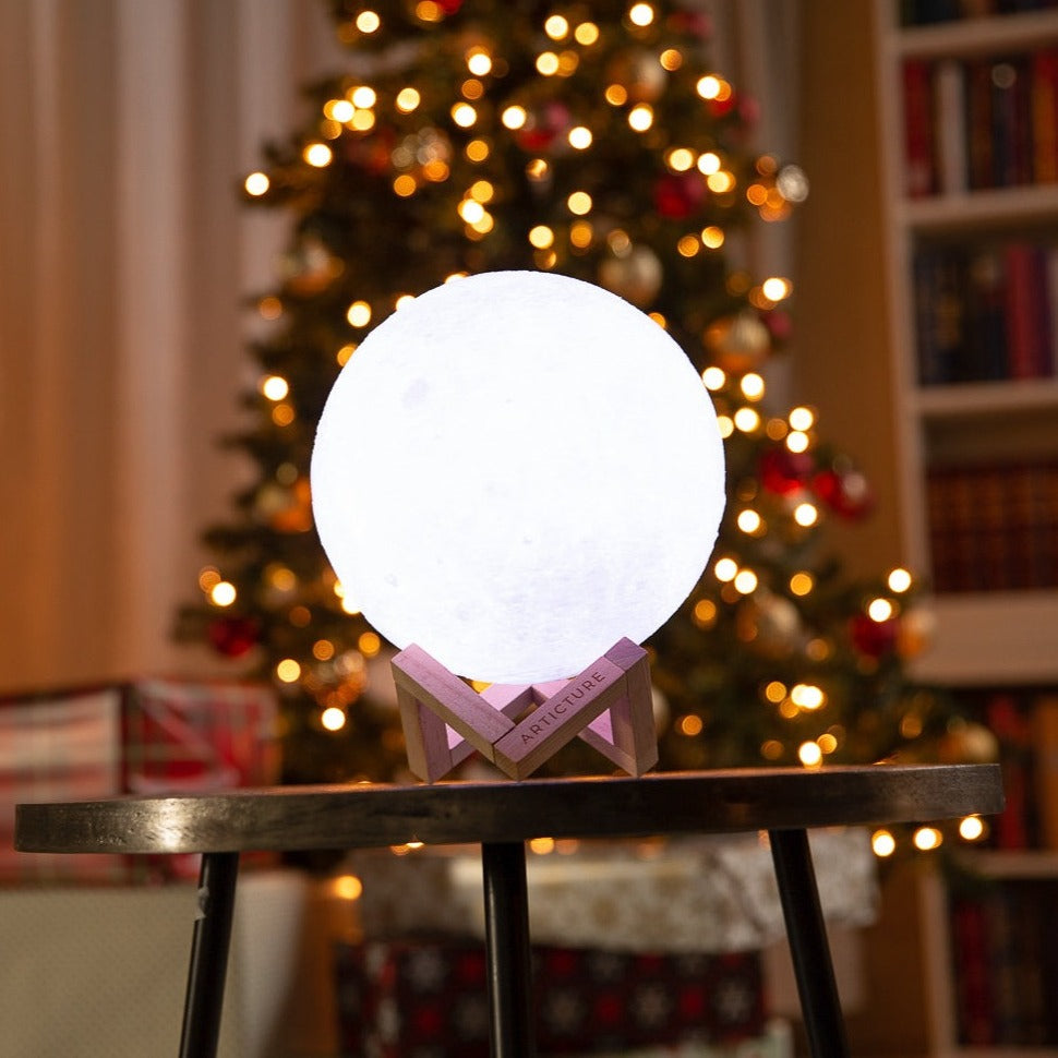 Moon Light – Rechargeable 3D Lunar Lamp with Wooden Pedestal Base and 6 Colour Settings