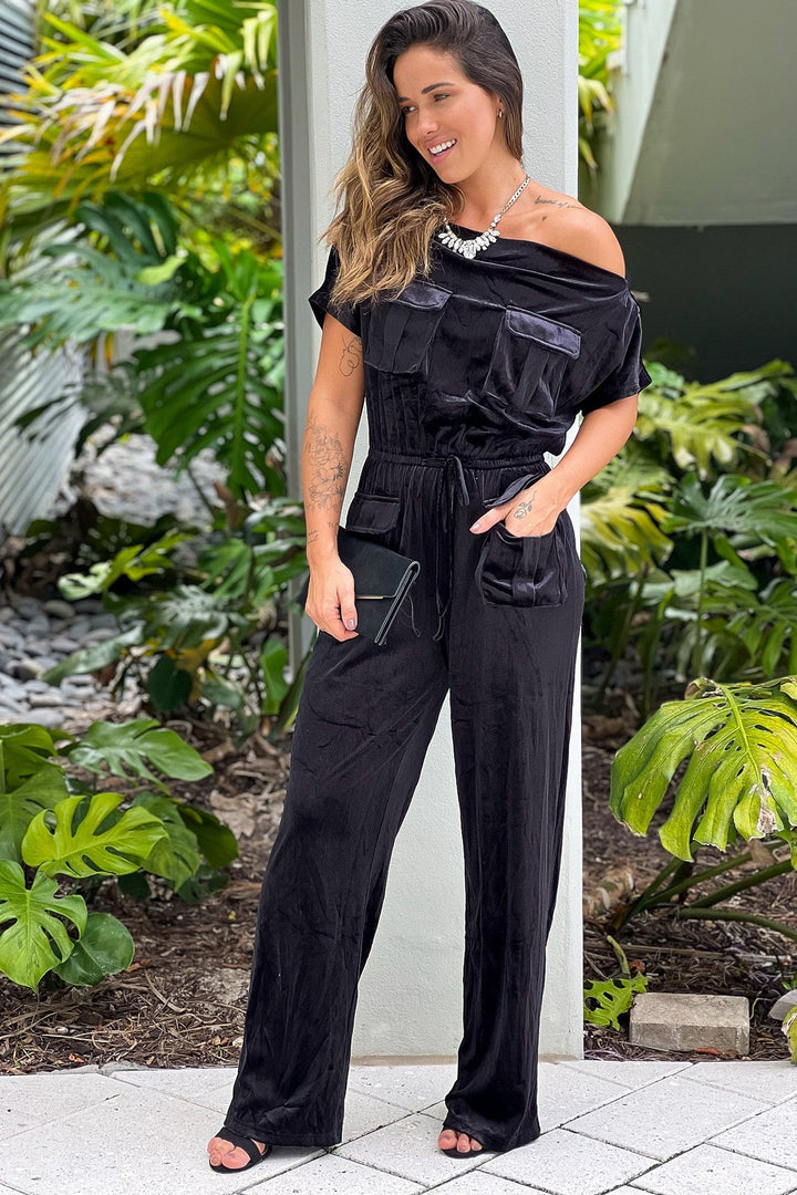 Black Off Shoulder Velvet Jumpsuit