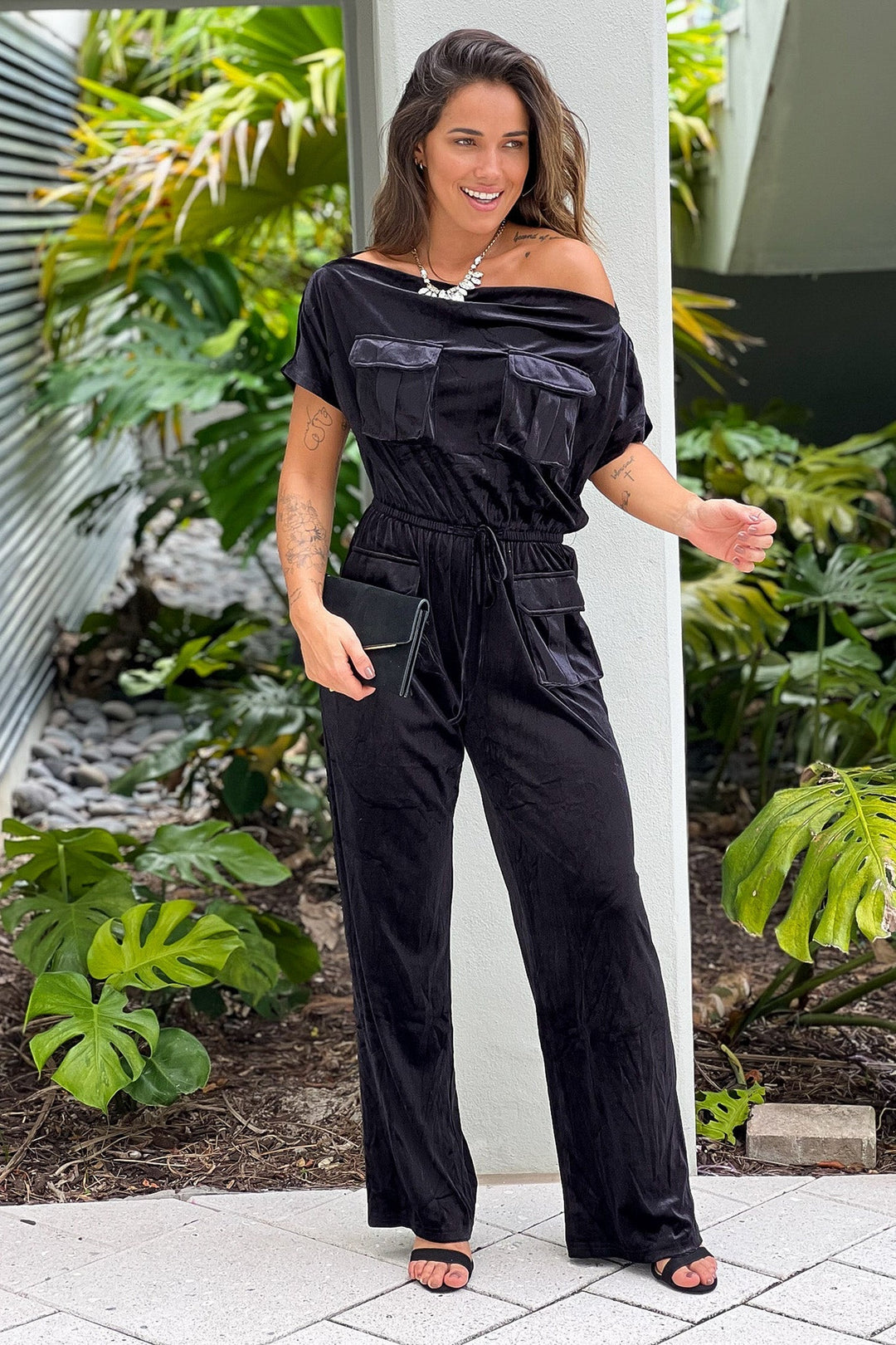 Black Off Shoulder Velvet Jumpsuit