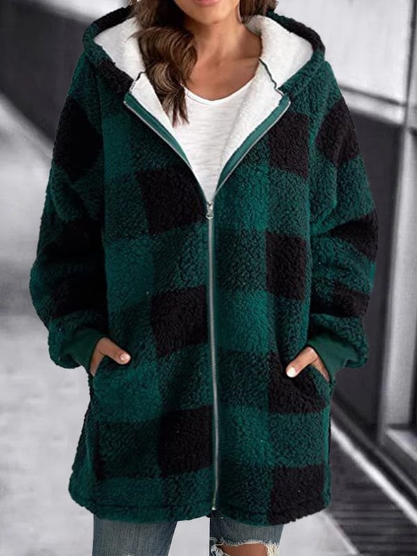 Women Oversized Hoodie Plaid Loose Overcoat