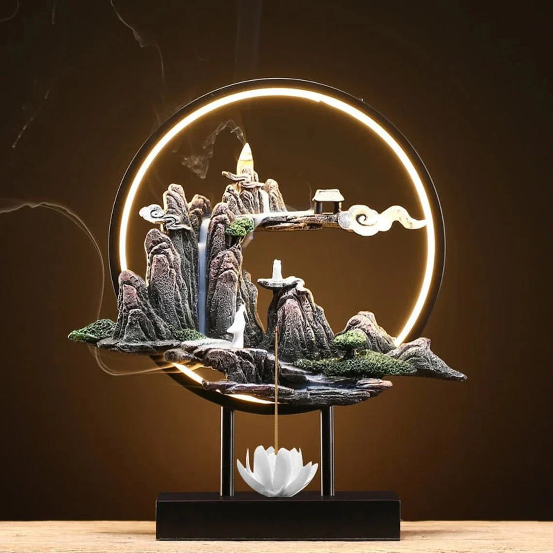 Misty Mountain Incense Burner Lamp – Decorative Resin Lamp with Glowing Crescent Moon for Meditation and Home Decor