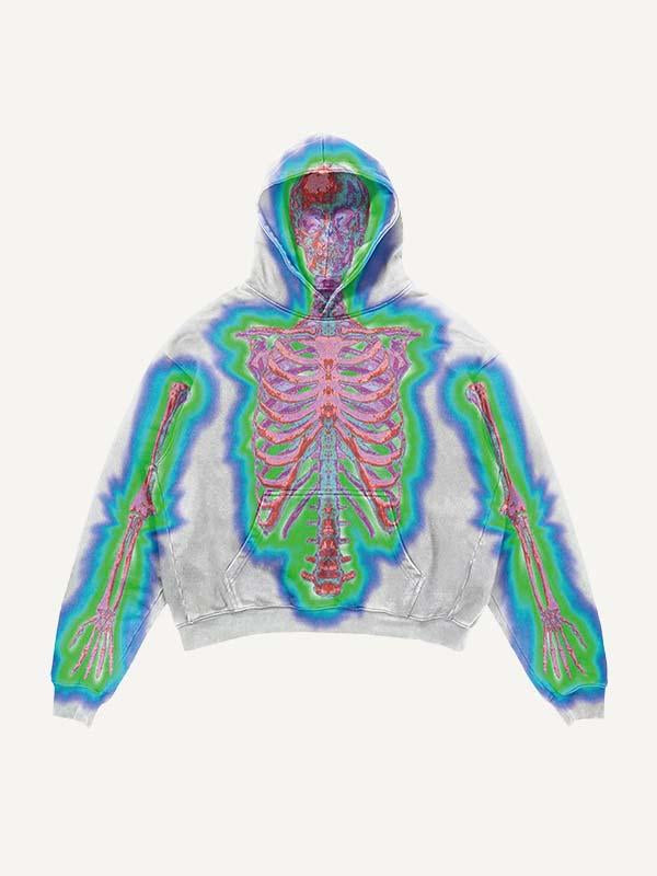 Glow Skeleton Print Slant Pockets Hoodie