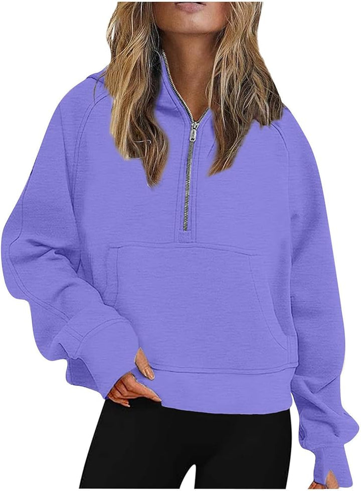 Women's Half-Zip Yoga Hoodie - Loose-Fit Fleece-Lined Pullover for Sports and Casual Wear